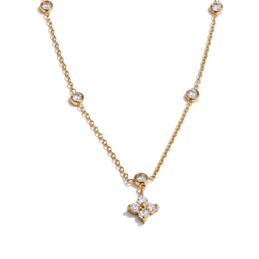 Cubic Zirconia Flower Pendant Necklace - Stainless Steel Delicate Daily Jewelry