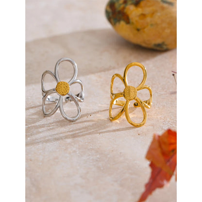 Metal Flower Adjustable Ring - Stainless Steel Rust Proof Fashion Ring