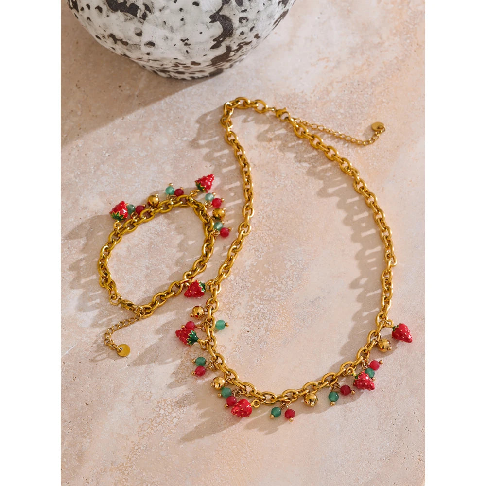 Strawberry Drop Charms Necklace - Red Enamel Stainless Steel Golden Plated