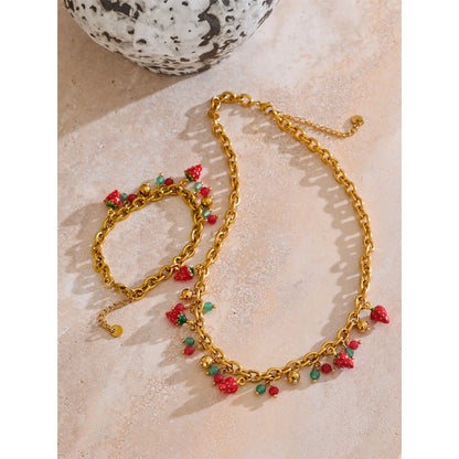 Strawberry Drop Charms Necklace - Red Enamel Stainless Steel Golden Plated