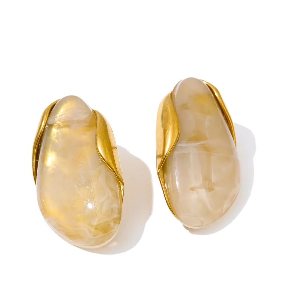 Geometric Resin Earrings - Brown Green Gold Plated Stainless Steel for Women