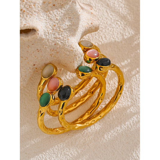 Natural Stone Golden Cuff Bracelet - Multicolored Open Bangle for Women