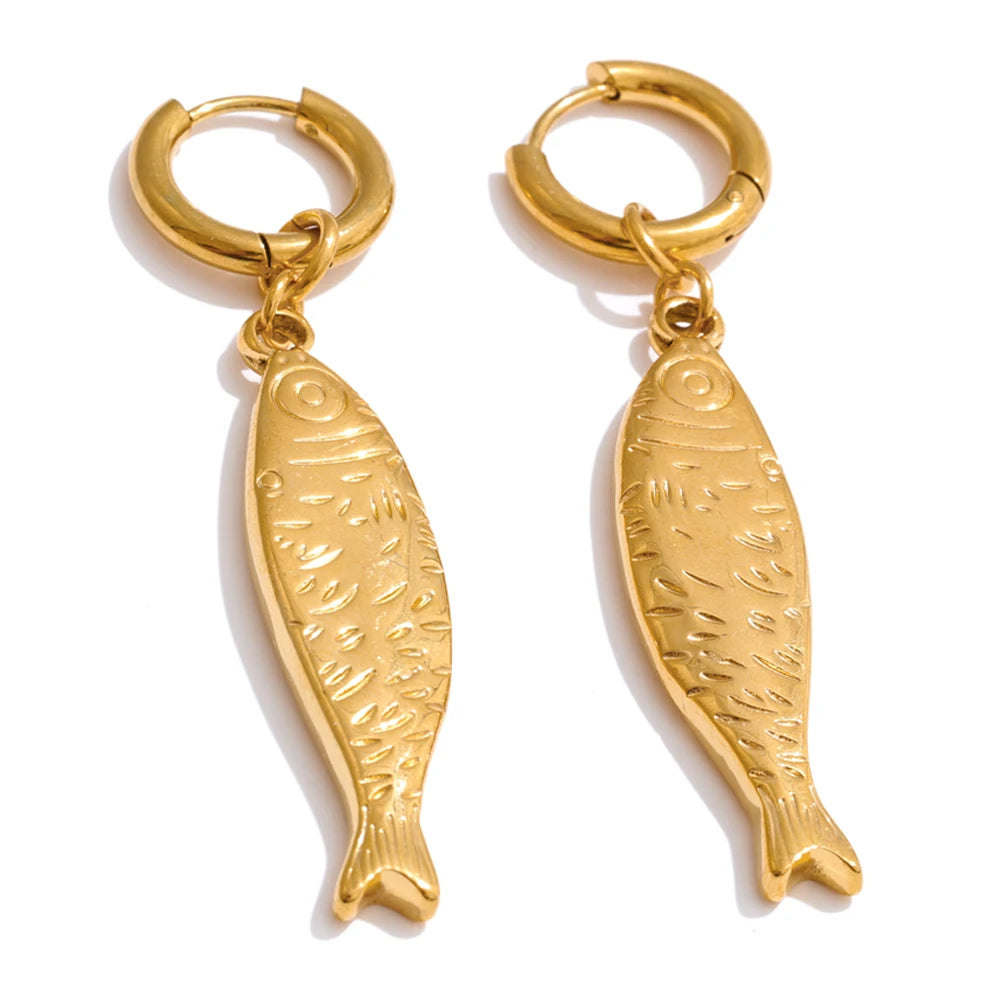 Ocean Fish Jewelry Set - Gold Plated Necklace & Earrings Stainless Steel