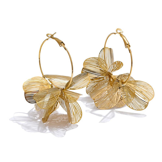 Gold flower earrings - PVD gold plated big hoop statement design | Pure Vita Dubai