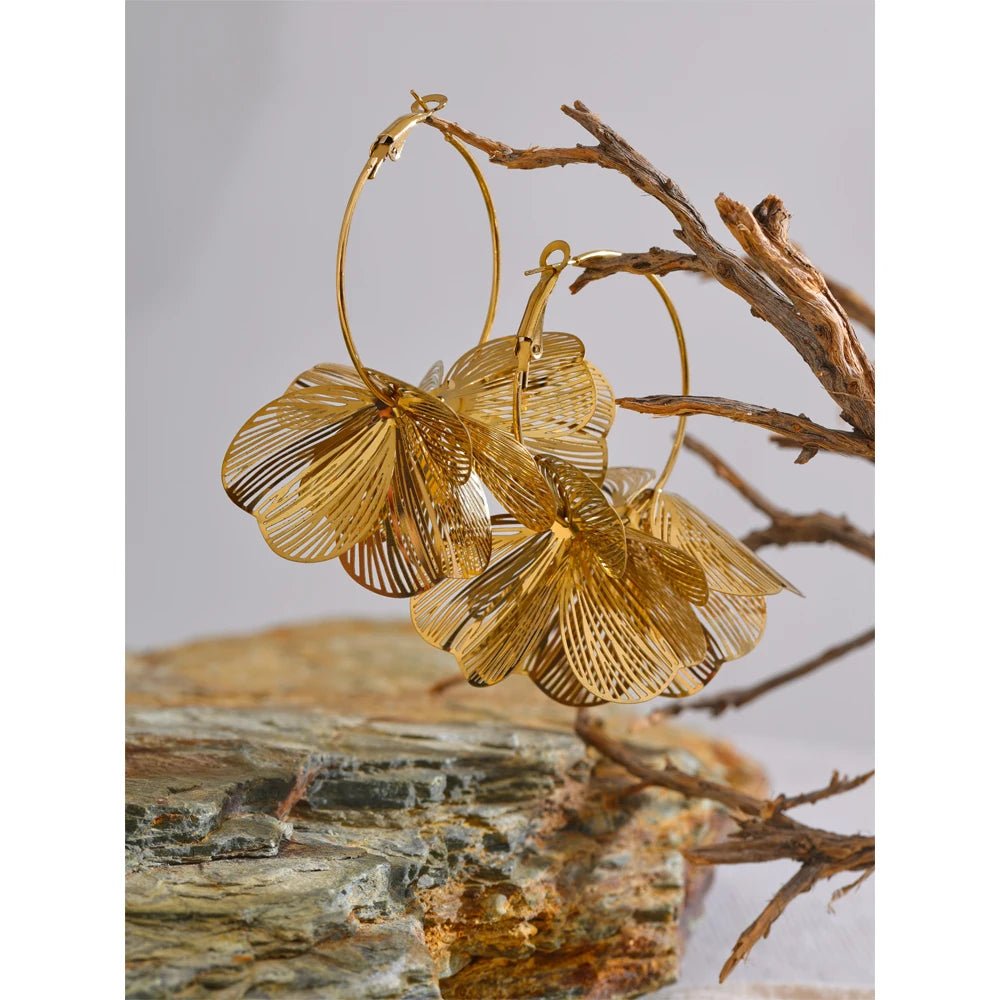 Gold flower earrings - PVD gold plated big hoop statement design | Pure Vita Dubai