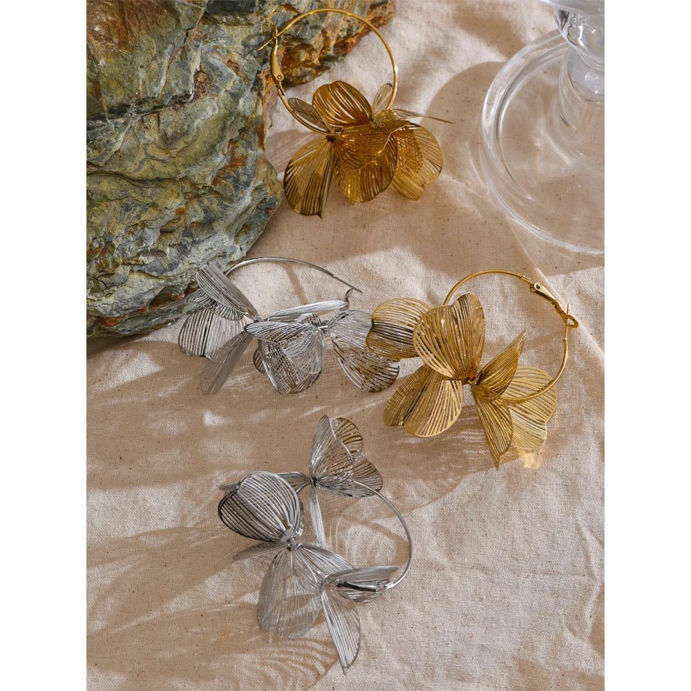 Gold flower earrings - PVD gold plated big hoop statement design | Pure Vita Dubai