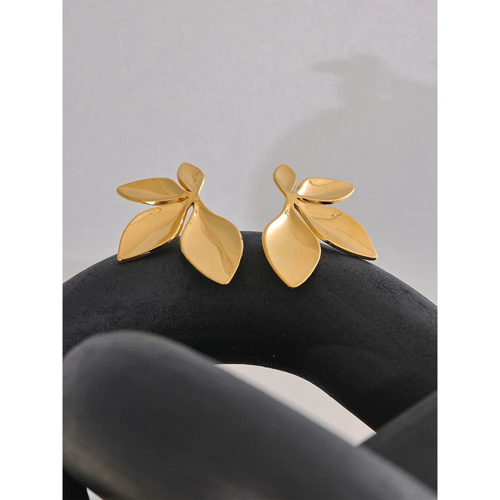 Gold leaf flower earring - PVD gold plated waterproof studs | Pure Vita Dubai