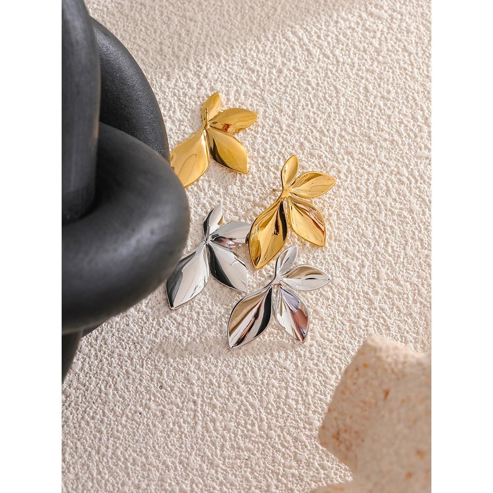 Gold leaf flower earring - PVD gold plated waterproof studs | Pure Vita Dubai