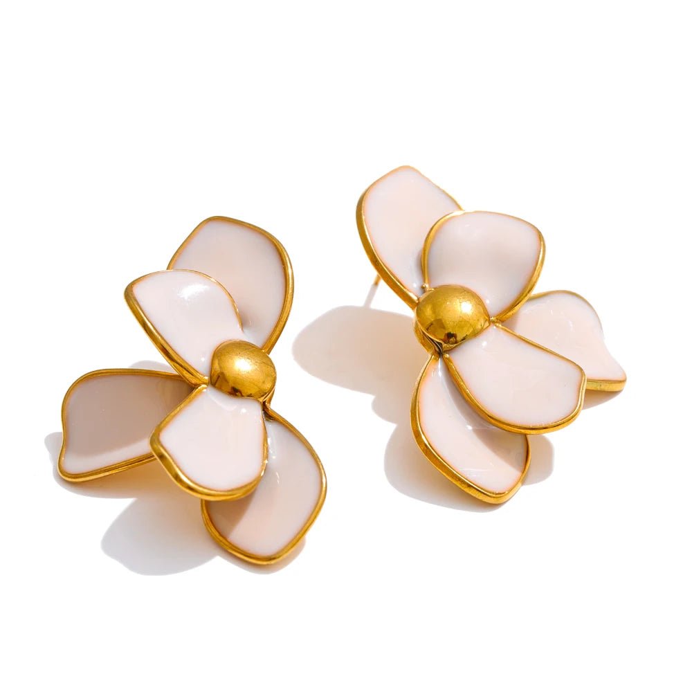 Enamel Flower Earrings - PVD Gold Plated Studs cream | Pure Vita Dubai