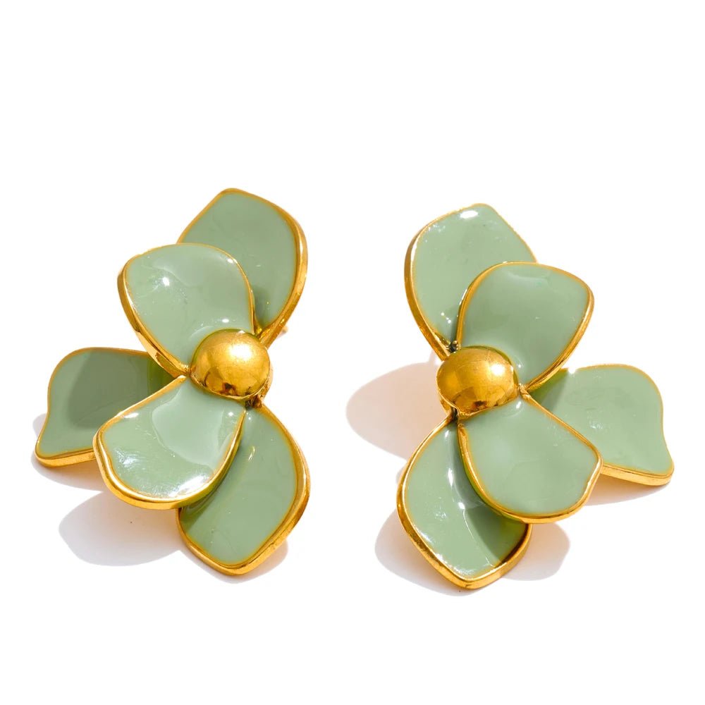 Enamel Flower Earrings - PVD Gold Plated Studs green | Pure Vita Dubai