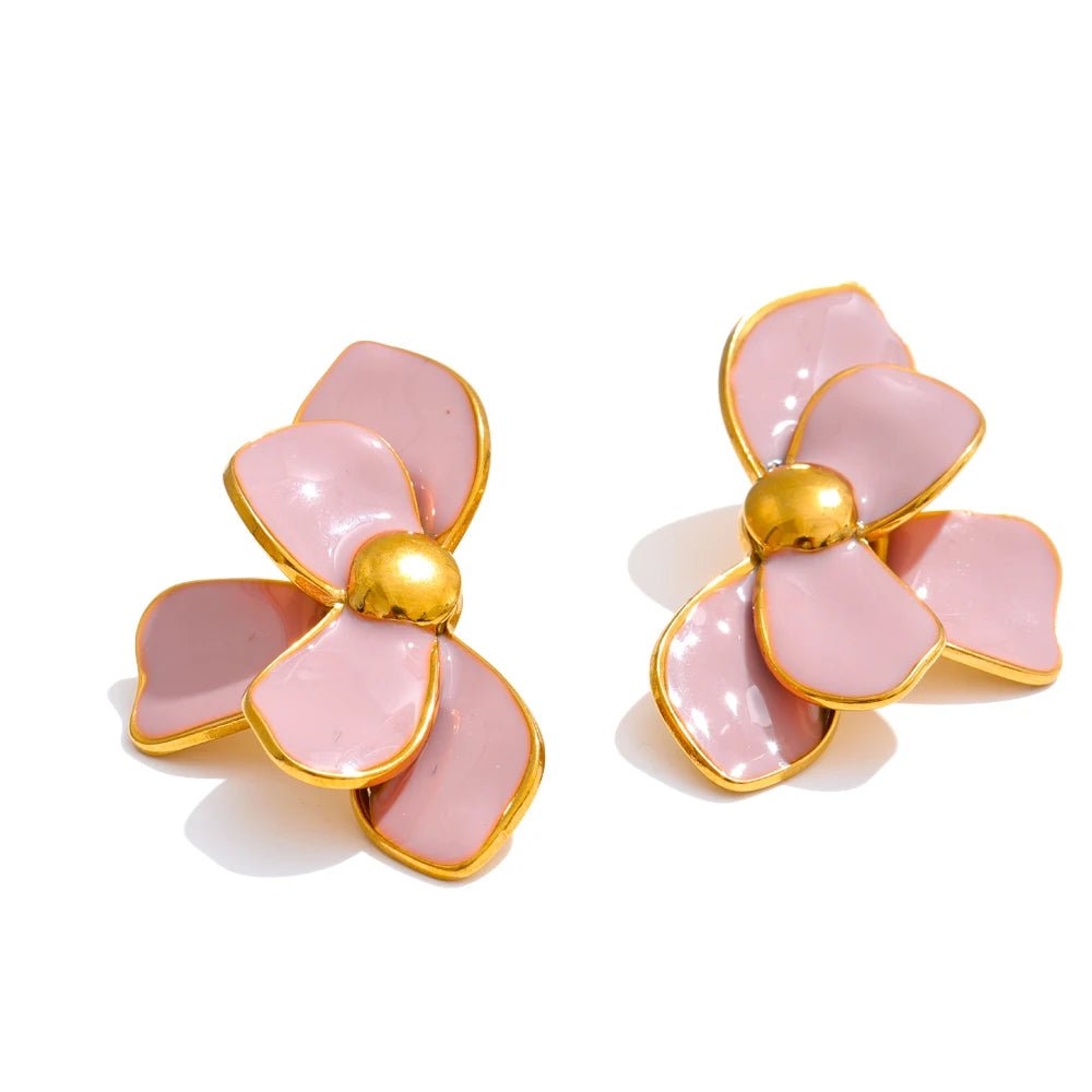 Enamel Flower Earrings - PVD Gold Plated Studs pink | Pure Vita Dubai