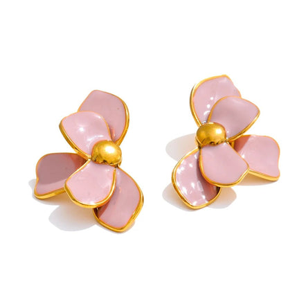 Enamel Flower Earrings - PVD Gold Plated Studs pink | Pure Vita Dubai