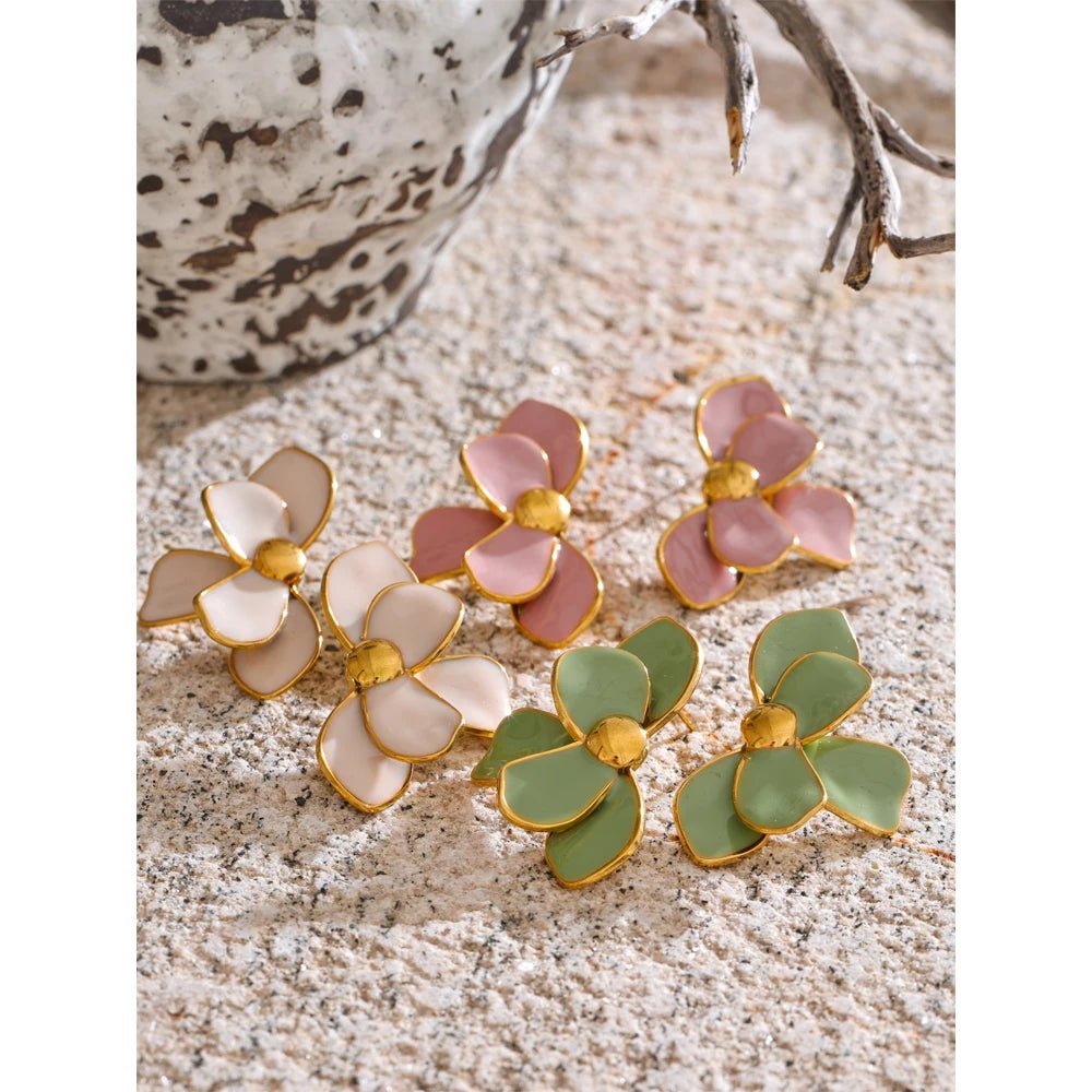 Enamel Flower Earrings - PVD Gold Plated Studs | Pure Vita Dubai