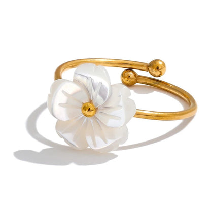 Natural shell flower ring adjustable - 18K PVD gold plated design | Pure Vita Dubai