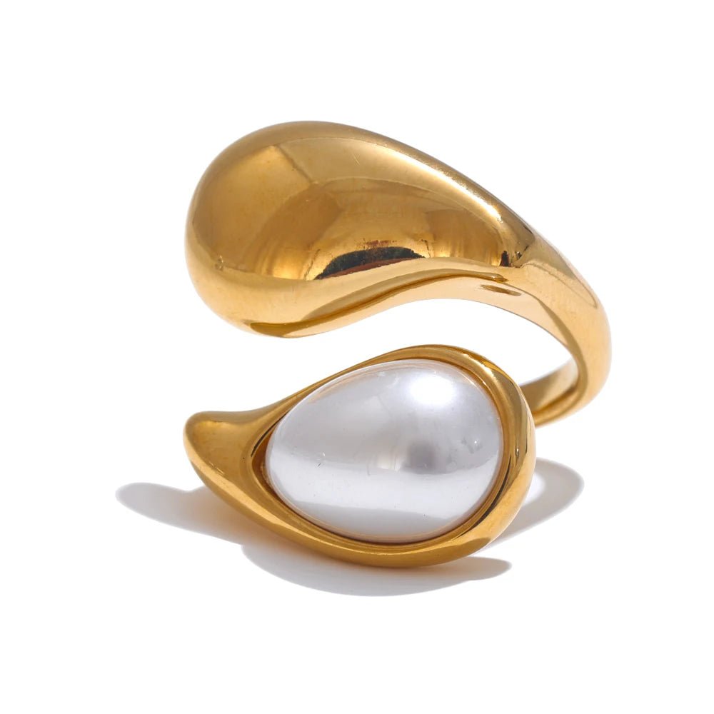 Pearl Water Drop Ring - 316L Stainless Steel PVD Gold Plated - Pure Vita Dubai