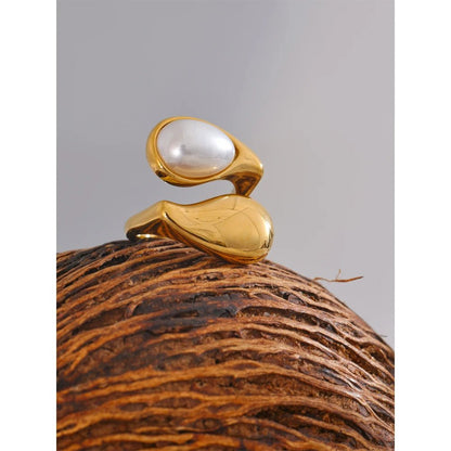 Pearl Water Drop Ring - 316L Stainless Steel PVD Gold Plated - Pure Vita Dubai