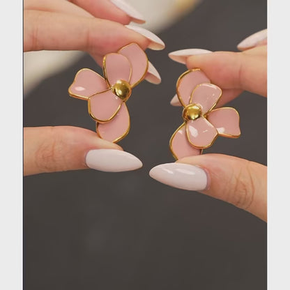 Enamel Flower Earrings - Green Pink PVD Gold Plated Studs