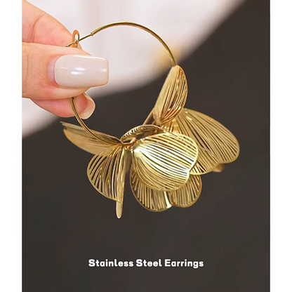 Gold Flower Earrings - PVD Gold Plated Big Hoop Statement Earrings