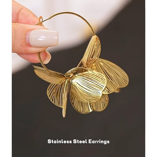 Gold Flower Earrings - PVD Gold Plated Big Hoop Statement Earrings