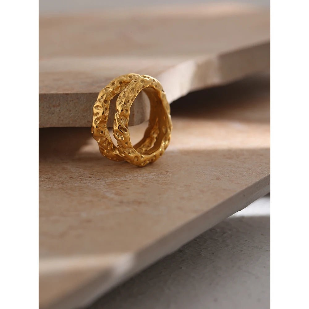 Textured gold statement ring - 18K gold plated round design | Pure Vita Dubai
