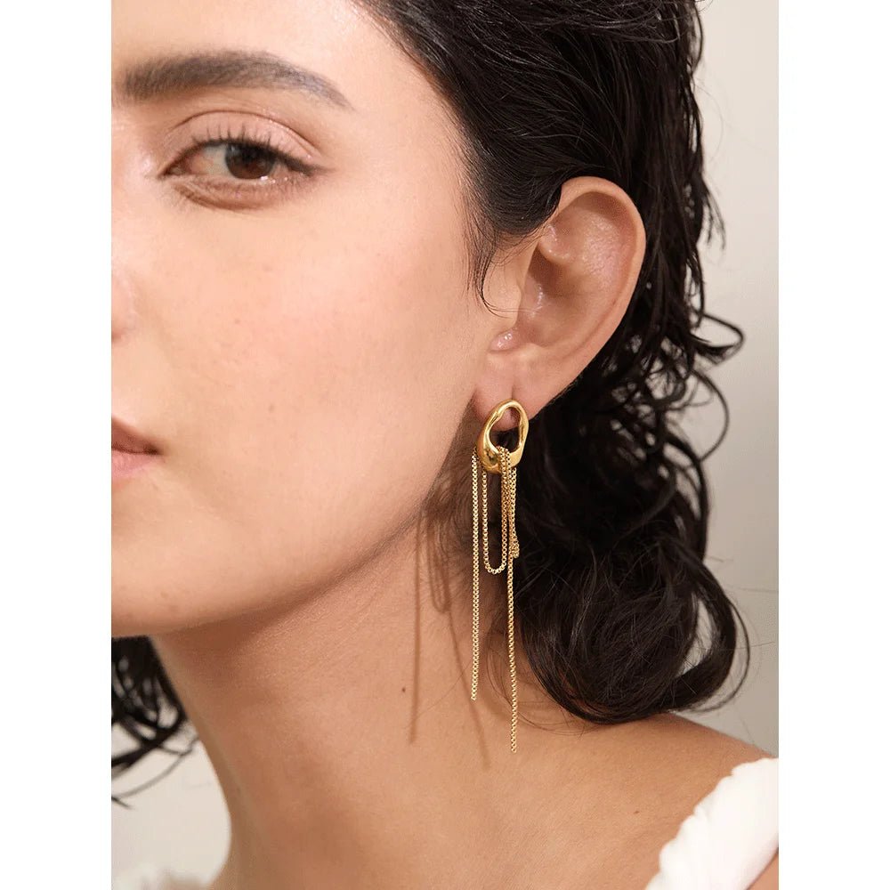Geometric tassel chain earrings - PVD gold plated waterproof design | Pure Vita Dubai
