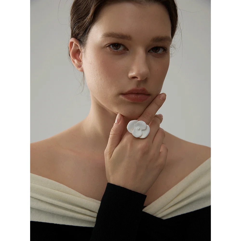 White Enamel Flower Ring - PVD Gold Plated Waterproof Adjustable | Pure Vita Dubai