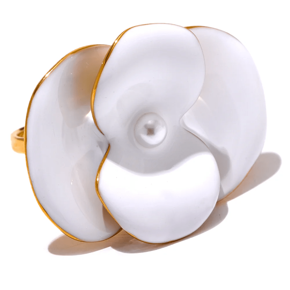 White Enamel Flower Ring - PVD Gold Plated Waterproof Adjustable | Pure Vita Dubai