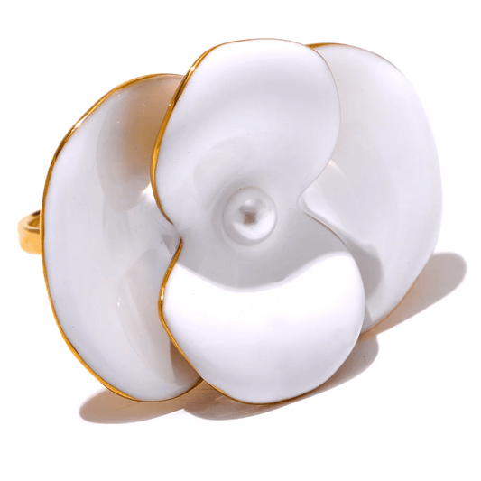 White Enamel Flower Ring - PVD Gold Plated Waterproof Adjustable | Pure Vita Dubai