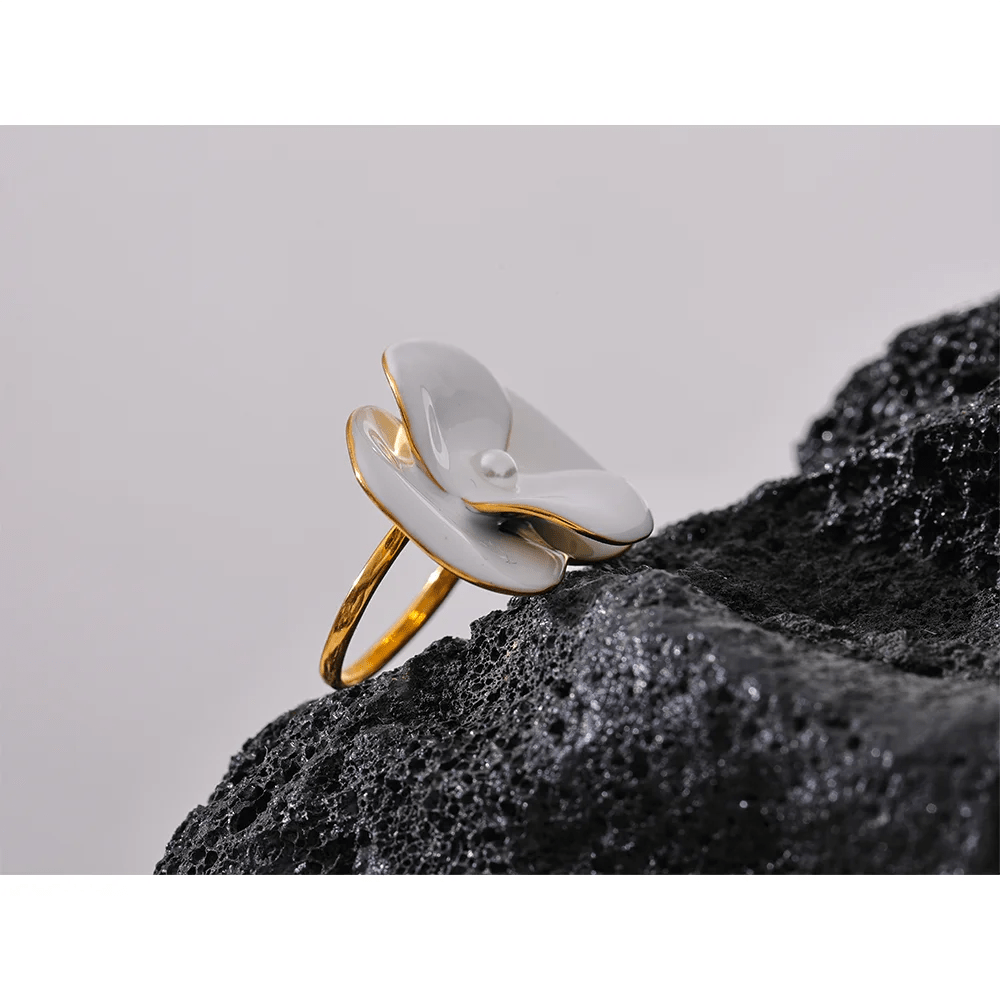 White Enamel Flower Ring - PVD Gold Plated Waterproof Adjustable | Pure Vita Dubai