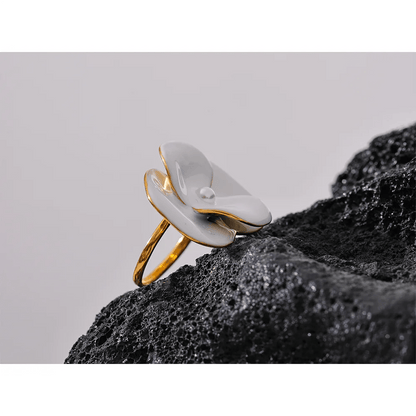 White Enamel Flower Ring - PVD Gold Plated Waterproof Adjustable | Pure Vita Dubai