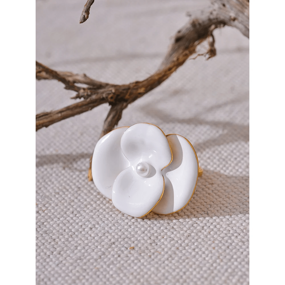 White Enamel Flower Ring - PVD Gold Plated Waterproof Adjustable | Pure Vita Dubai