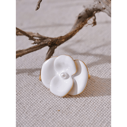 White Enamel Flower Ring - PVD Gold Plated Waterproof Adjustable | Pure Vita Dubai