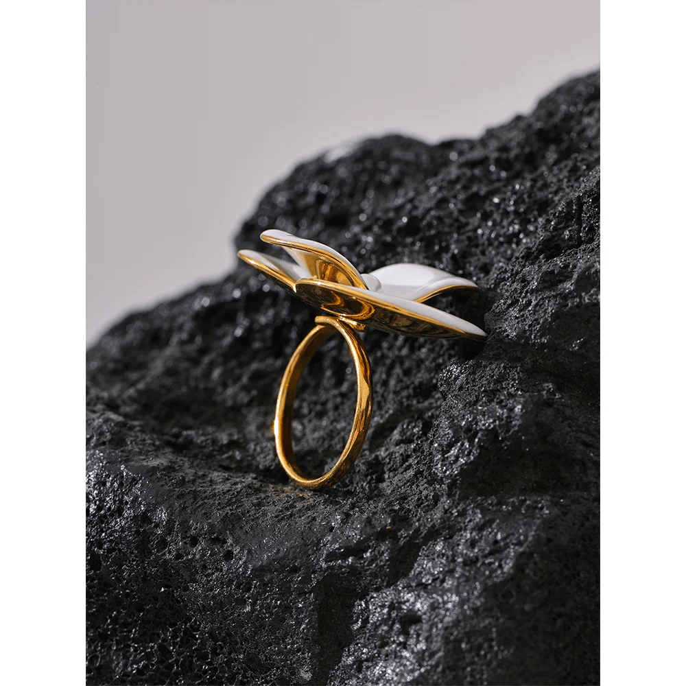 White Enamel Flower Ring - PVD Gold Plated Waterproof Adjustable | Pure Vita Dubai