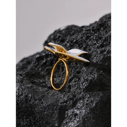 White Enamel Flower Ring - PVD Gold Plated Waterproof Adjustable | Pure Vita Dubai