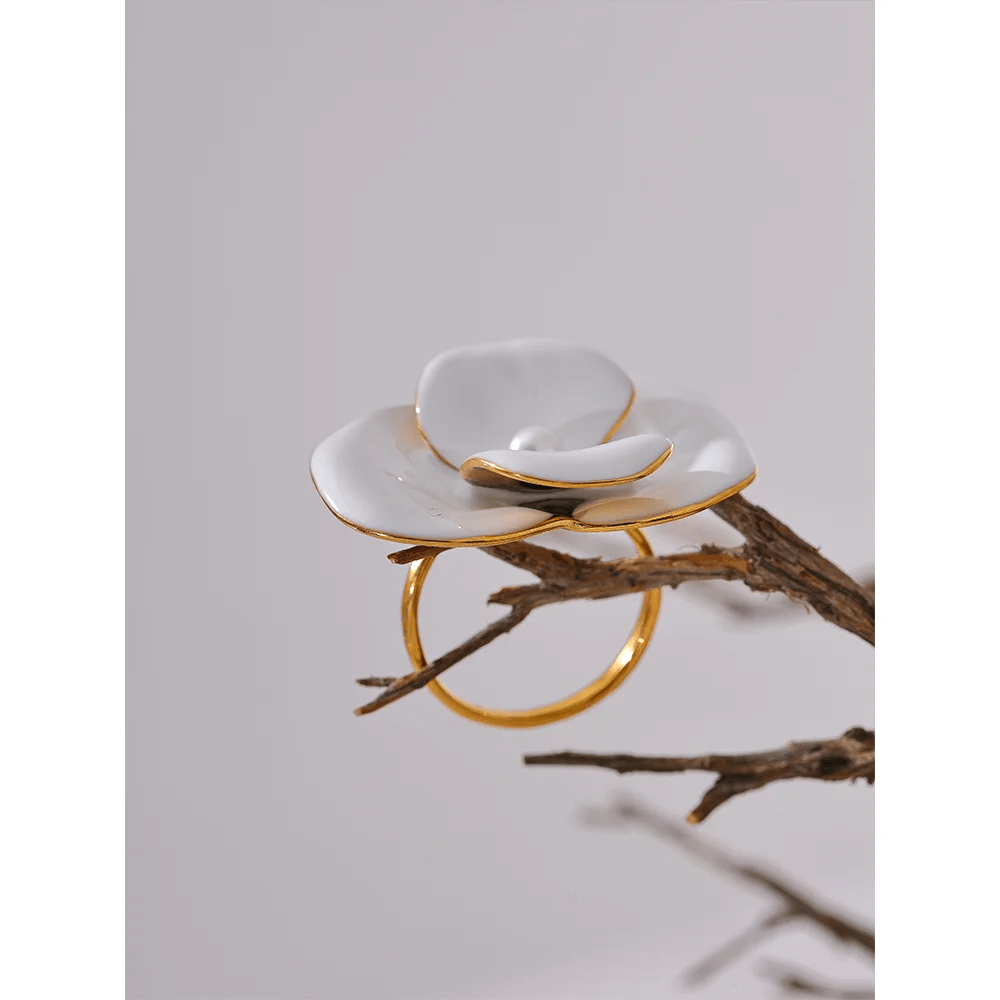White Enamel Flower Ring - PVD Gold Plated Waterproof Adjustable | Pure Vita Dubai
